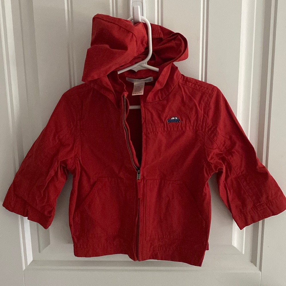 Janie and Jack 6-12 month boys jacket red with car detail, zip up 2 pockets